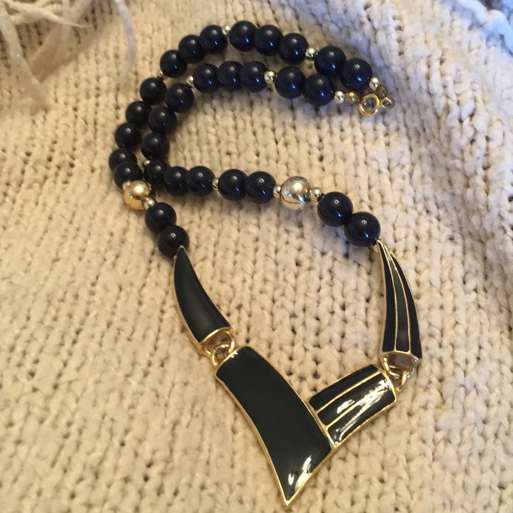 Vtg 80s Navy  & Gold Tone statement necklace